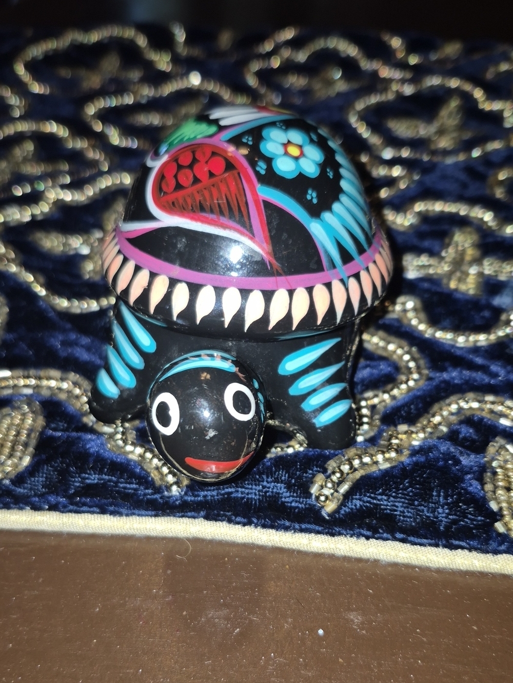 Minature Colorful Turtle Trinket Box.TalaVera From Mexico Flowers And Bird Motif